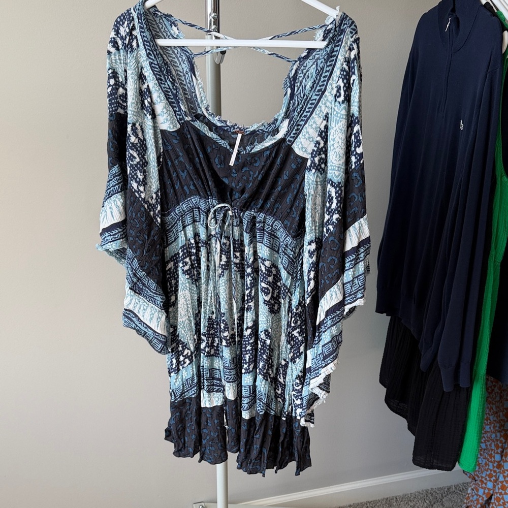 Free People Patterned Blue and Black Blouse
